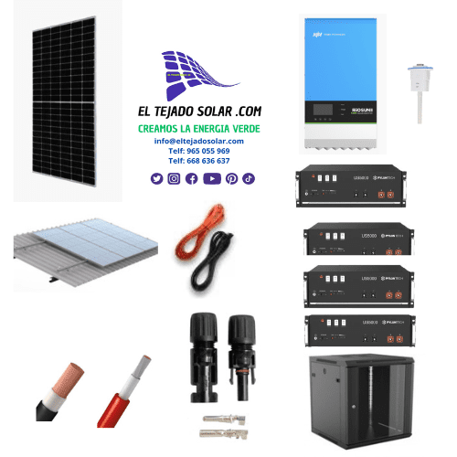 Kit solar para vivienda aislada 7,98 kWp con inversor 7,2 kW y 4 baterías de litio 4,8 kWh