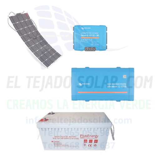 Kit camper panel flexible 150 W ☀️ inversor 500 W + regulador 15A Victron ⚡ batería 250A AGM 🔋