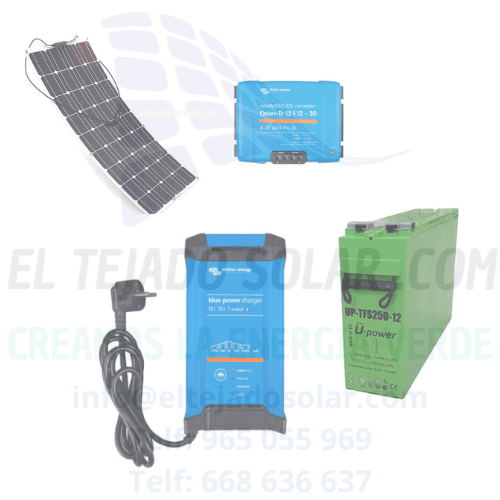 KIT CAMPER PANEL FLEXIBLE 150 W ☀️ REGULADOR 15 Ah CARGADOR 30 Ah Victron ⚡ BATERIA 250 Ah AGM 🔋