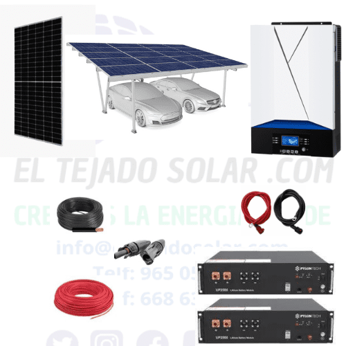 Kit solar para vivienda aislada 6,83 kWp con inversor 7,2 kW y 2 baterías de litio 4,8 kWh