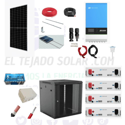 Kit solar para vivienda aislada 9,76 kWp con inversor 7,2 kW y 4 baterías de litio 105 Ah