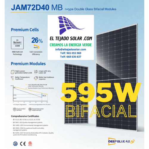 Panel solar JA Solar 595 W BIFACIAL144 celulas n type 4.0
