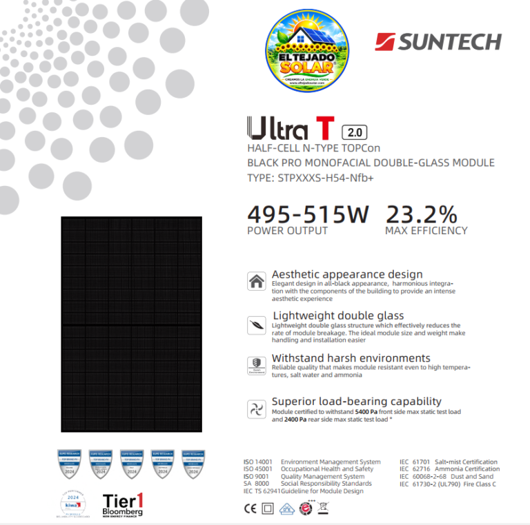 Panel solar Suntech 505 W N-Type 108 cell Bifacial Full Black