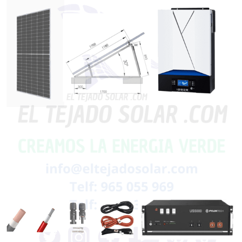 kit solar aislada-VMIII 6000 W ⚡Pylontech US5000-🔋 panel 605 W 18 kW día ☀️ suelo cerrado