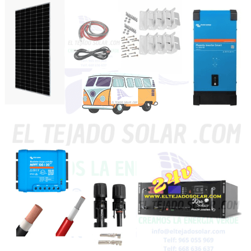 Kit solar camper 24 V 600 Wp con regulador MPPT Victron 20 A y batería de litio 2,8 kWh