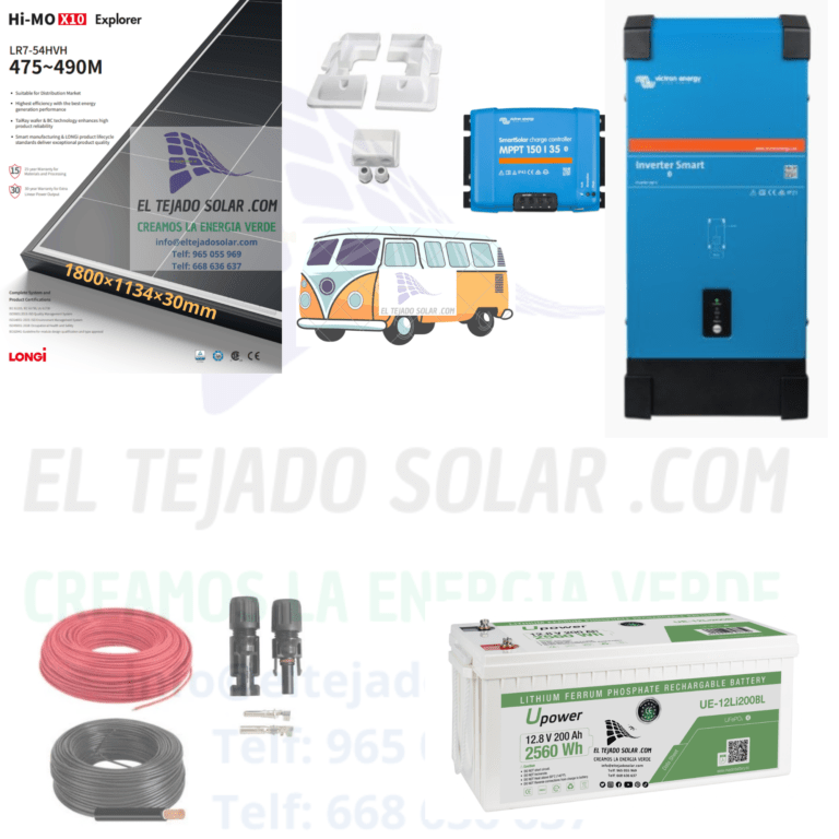Kit solar camper 12 V 480 W con regulador MPPT Victron 35 A y batería de litio 200 Ah