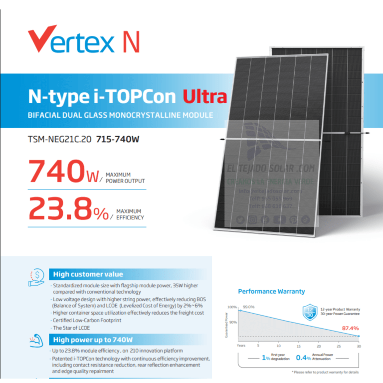 Panel solar 720 W bifacial 132 c topcon n type Trina solar