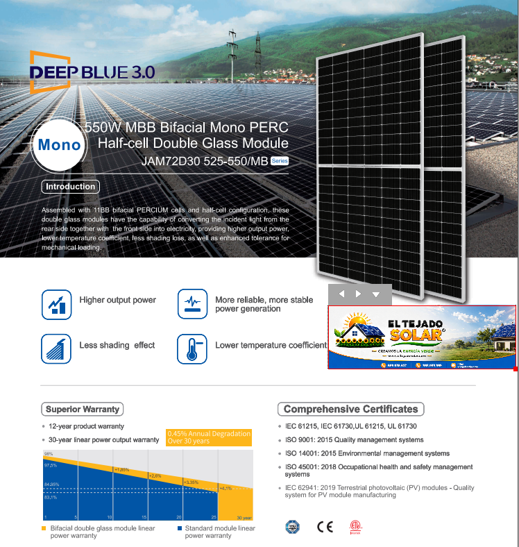 Panel solar Bifacial JA Solar 545 W 24 V Deep Blue 3.0 Panel solar Bifacial JA Solar 545 W 24 V Deep Blue 3.0